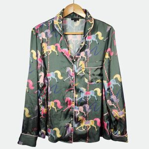 Karen Mabon Whimsical CAROUSEL Satin Pajama Shirt Women's Size XLARGE Green RARE